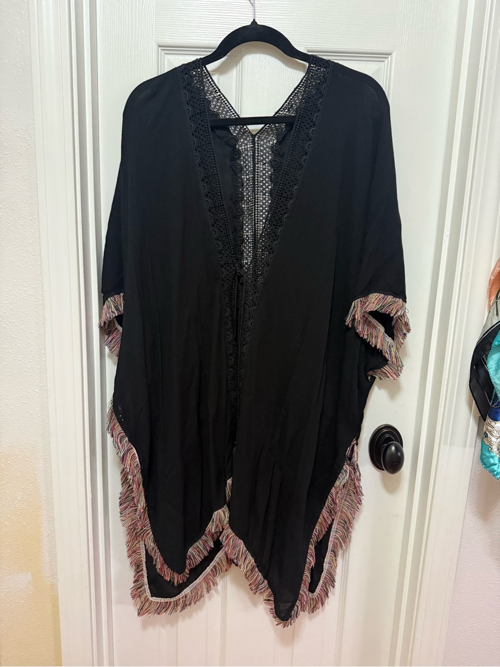 Black Fringe Open-Front Women's Sweater Kimono